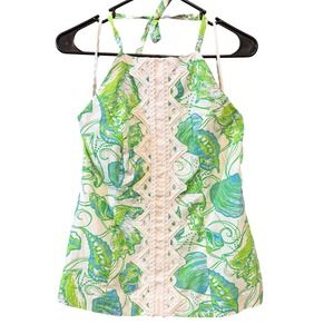 Lilly Pulitzer Seashell‎ Halter Top Size 4 Green Blue White Lace Trim Cotton